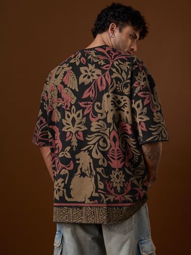 The Souled Store Nomad: Relic Men and Boys Short Sleeves Round Neck Black Printed and Embellished Comfortable Casual Streetwear Trendy Cotton Super Oversized T-Shirt