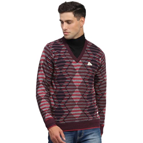 Monte Carlo Mens Striped Wine V Neck Full Sleeve Pullover (1243199VN-2-46)
