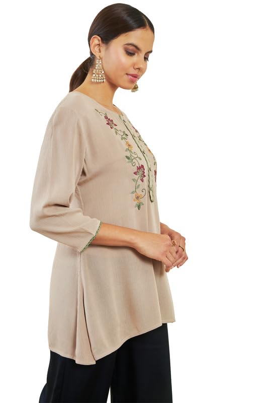 Soch Womens Beige Crepe Floral Threadwork Embroidered Round-Neck Tunic