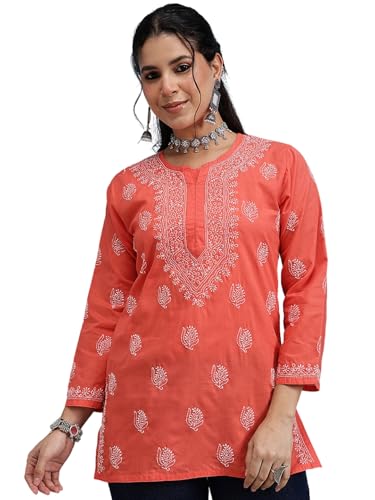 Ada Women's Cotton Regular Fit Top Tunic Hand Embroidered Lucknowi Chikankari Short Kurti A911387 Coral Red (Medium)