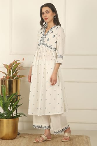 W for Woman White Printed Thread Embroidered Chanderi Kurta, Pants and Kota Dupatta (Size: S)-WS12713-125553