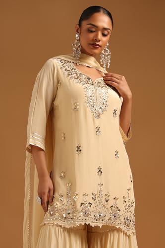 Soch Womens Cream Tissue Floral Printed Salwar Suit With Mirror Work
