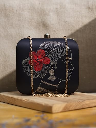 Artklim Black Based Floral Women Printed Clutch