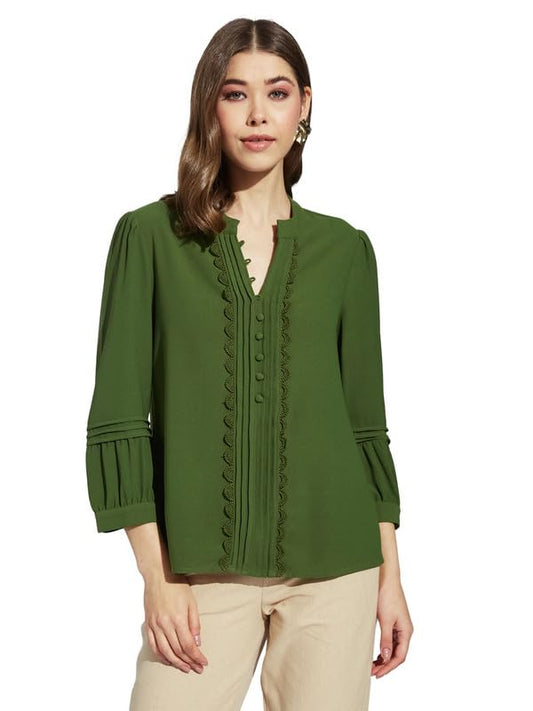 Latin Quarters Women Greenolive V-Neck 3/4th Sleeve Solid Tunic Blouse_M