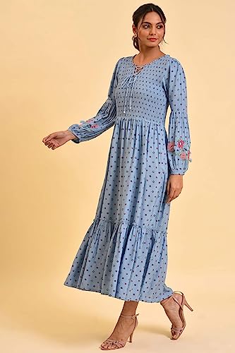 W for Woman Women's Rayon Light Blue Printed Tiered Long Dress Ankle Length 23FEW18840-810336