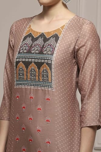 Biba Women Brown Chanderi Blend Printed Embroidered Unstitched Suit Set_FREE SIZE