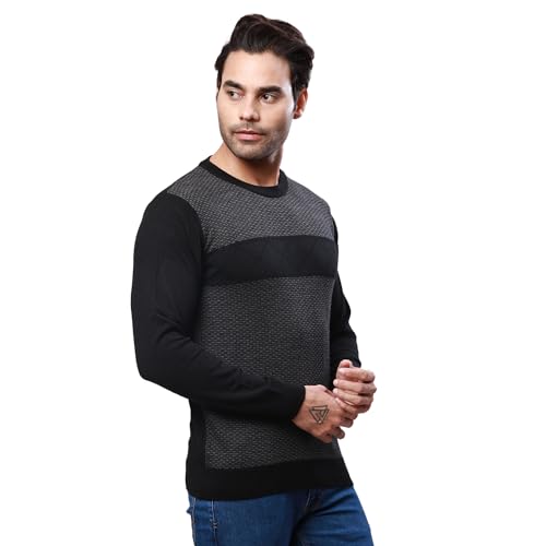 Raymond Men's Regular Fit Acrylic Wool Blend Full Sleeve Round Neck Jacquard Pattern Black Casual Sweater (Size: 2XL)-RMWX01235-K8