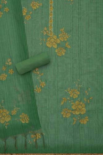 Soch Womens Sap Green Linen Shimmer Embroidered Unstitch Dress Material With Thread Work