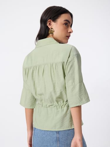 The Souled Store Tie-Up Shirt: Women and Girls Elbow Length Collared Moss Green Solid Viscose Nylon Blend Oversized Fit Lightweight Casual Streetwear Shirt