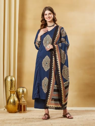 Divena Pink Ajrakh Print Cotton V-Neck Kurta Sets with Dupatta