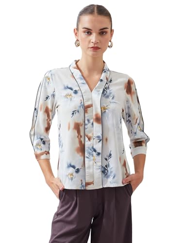 Latin Quarters Women's Off White 3/4Th Sleeves V-Neck Casual Printed Top_XL