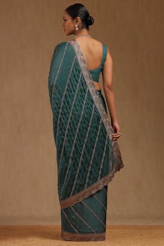 Soch Womens Turquoise Blue Fendy Chiffon Embellished Saree With Stone Work