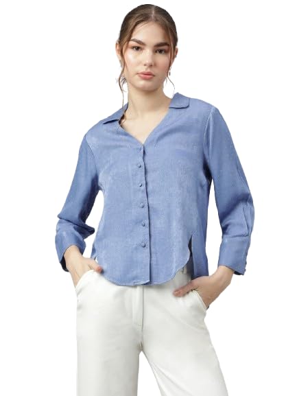 Latin Quarters Women Blue 3/4 Sleeve Spread Collar Solid Shirt_XL