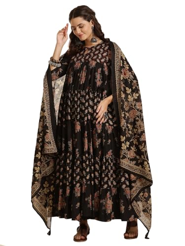 Kimayra Women's Cotton Calf Length Printed Key Hole Neck Tired Kurta Suit Set (KIM9026PC3BLACK_XL, Black)