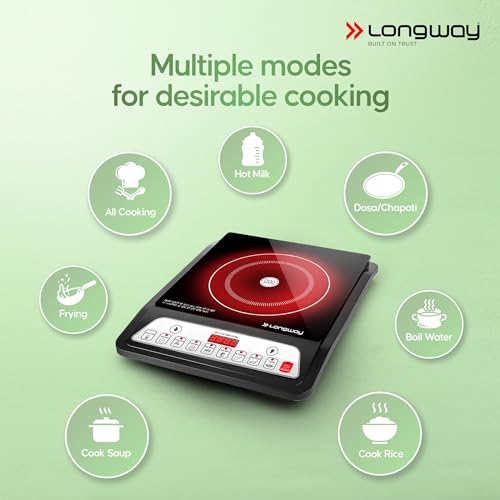 Longway Ember Plus 2000 Watt Induction Cooktop with Auto Shut-Off & Over-Heat Protection With 7 Cooking Mode & BIS Approved | 2 Years Warranty (Black, Push Button)