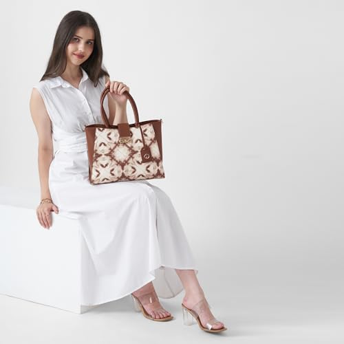 Caprese Shibori Large Satchel Bag for Women | Printed Faux Leather Shoulder Bag with Adjustable & Detachable Strap and Multi-Compartments | Zipper Closure | Everyday Office,Travel & Casual Use (Brown)