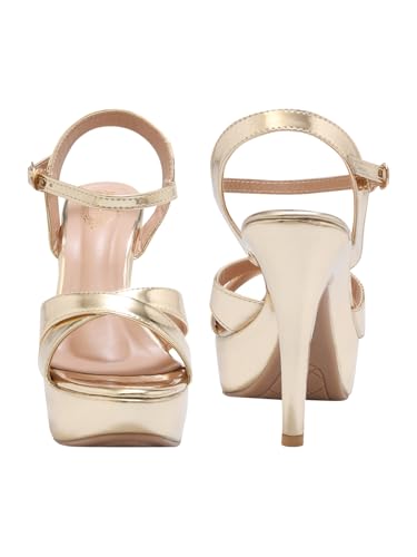Shoetopia Women's Platform Golden High Heel Sandals – Open Toe Stiletto Heels with Ankle Strap, Patent Party Dress Shoes Casual, Ethnic, Party & Wedding EU36
