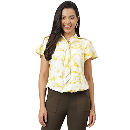 Latin Quarters Women Yellow Printed Short Sleeve Top with Tie Up Neck