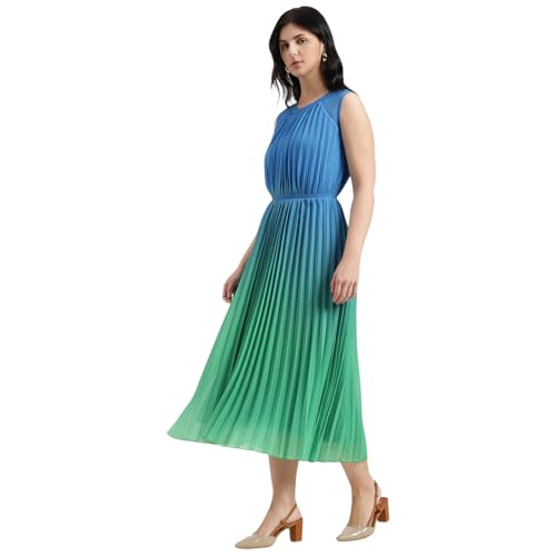 United Colors of Benetton Regular Fit Round Neck Ombre Pleated Dress (Size : 2XL) - 26P4WVNDR328I902 Blue