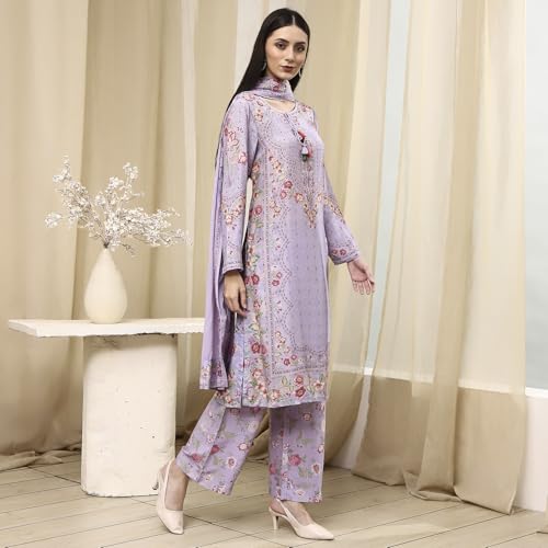 BIBA Women Purple Modal Blend Straight Suit Set_36