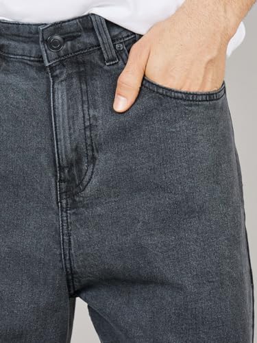Styli Men Wide Leg Mid-Rise Stretchable Jeans | Dark Black with Light Fade Enzyme Wash, 5 Pockets, Regular Fit | Comfortable & Versatile Casual or Everyday Wear