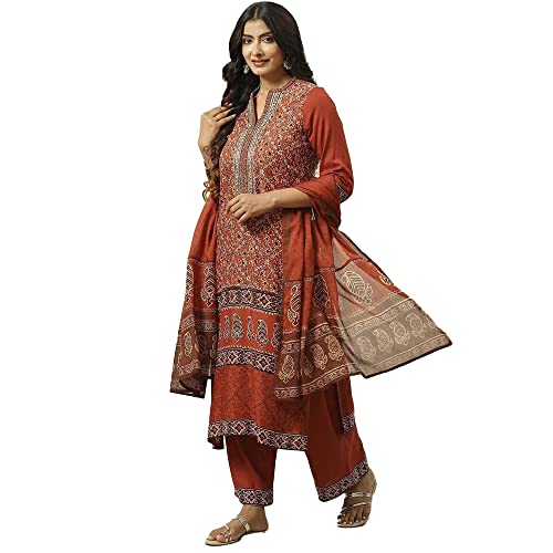 BIBA Polyester Women Printed Straight Salwar Kurta Dupatta(Skd5794_Rust_34)