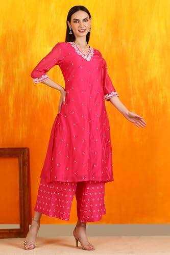 W for Woman Pink Embroidered Chanderi Panelled Kurta, Cropped Pants and Dupatta Set (Size: M)-WS12729-223576