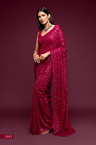Zeel Clothing Women's Pink Sequins Work Heavy Georgette Saree with Blouse (1003-Hot-Pink-Sequins-Party-Saree, Hot Pink)
