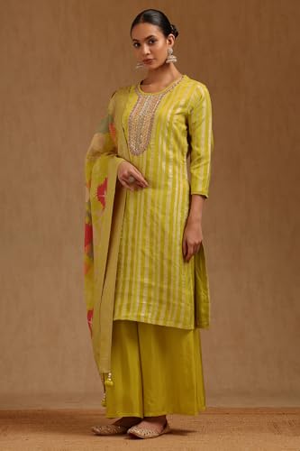 Soch Womens Green Tissue Zari Woven Suit Set With Sequins
