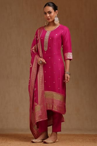 Soch Womens Pink Organza Zari Woven Suit Set With Zardosi