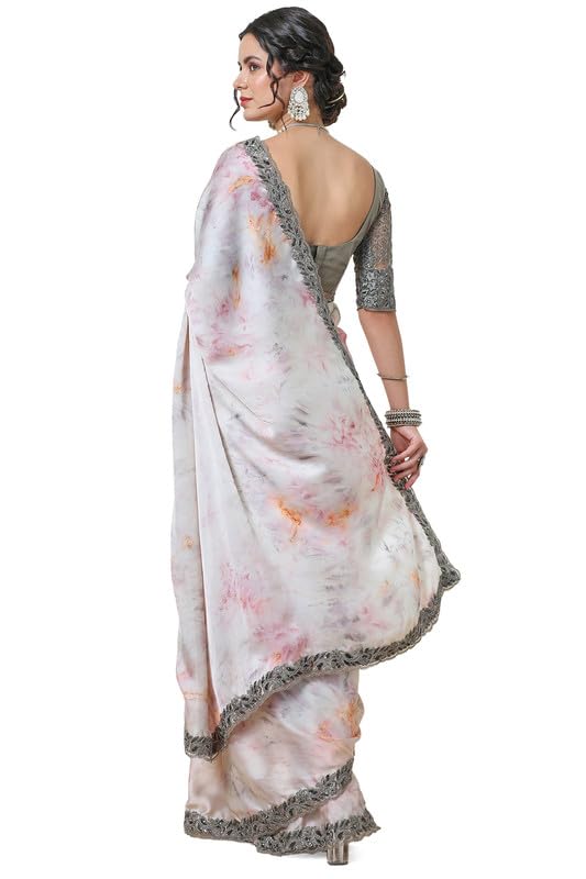 Soch Womens Pink Crepe Abstract Print Saree Zardosi Lace Border