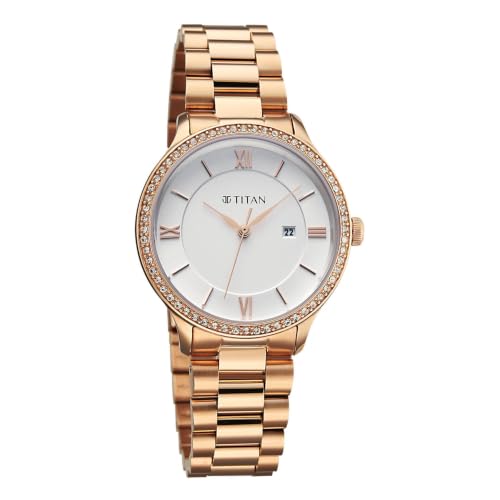 Titan Purple Prestige Quartz 3 Hands + Date Round White Dial, Rose Gold Stainless Steel Strap Watch for Women - 95247WM02