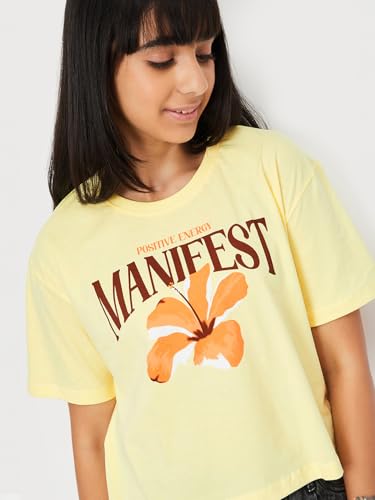 Max Girls Printed T-Shirt (Yellow_12-14 Y)