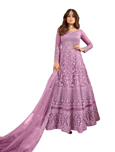 MANJAR OUTLET Women's Embroidered Anarkali Gown with Dupatta, Designer Ethnic Dress, (Semi-Stitched) (8397-Purple)