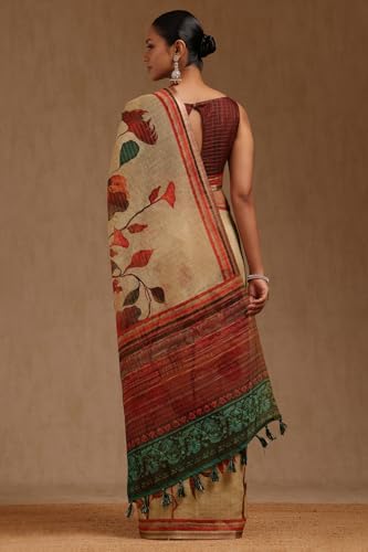 Soch Womens Beige Linen Blend Botanical Print Saree With Zari Woven