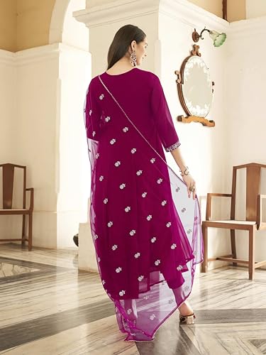 Womanista Women's Magenta Georgette Zari Embroidered Flared Kurta and Pants with Dupatta (Kurtaset_1323_XL)
