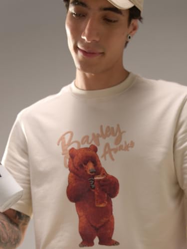 THE BEAR HOUSE Men Cotton Graphic Printed Tshirt Beige