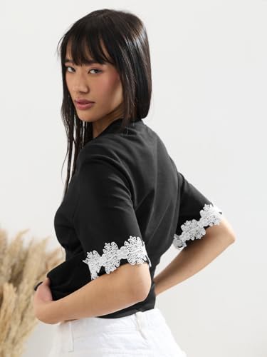 The Souled Store Street Solids: Shadow Women and Girls Short Sleeves Round Neck Black Embroidered Cotton Oversized Breathable Side Slit Streetwear Lightweight Oversized T-Shirt