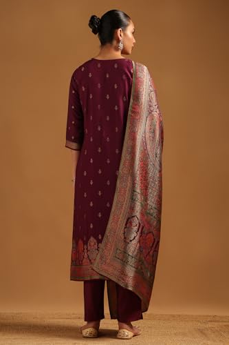 Soch Womens Wine Russian Silk Zari Woven Salwar Suit With Zardosi