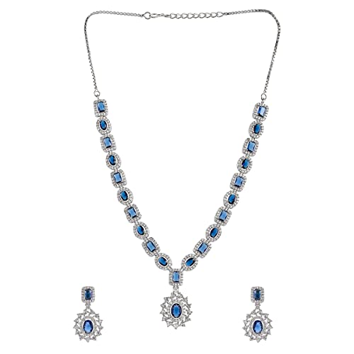 VOYLLA VoyllaSparkling Elegance Royal Blue and White CZ Brass Silver Plated Jewellery Set