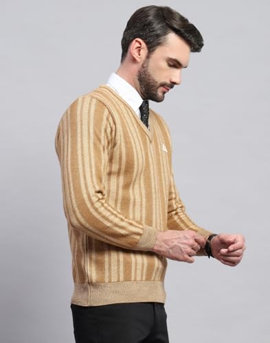 Monte Carlo Mens Striped Beige V Neck Full Sleeve Pullover Sweater (1243196VN-2-44)