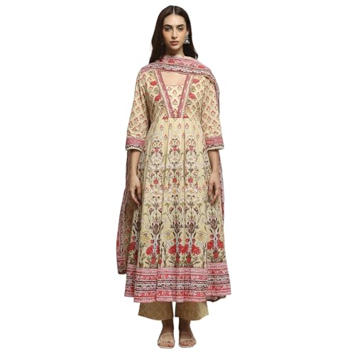 Biba Women Off White-Pink Cotton Anarkali Printed Suit Set_32