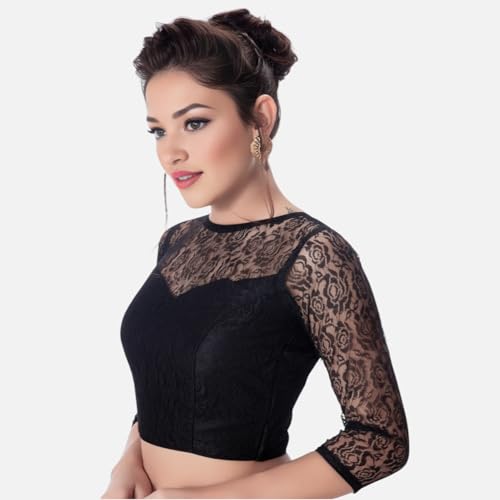 Biyu Women's Floral Net 3/4th Sleeves High Neck Readymade Saree Blouse (Black, 46)