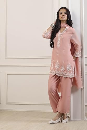 BIBA Women Peach Silk Chanderi Straight Suit Set_42
