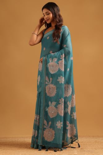 Soch Womens Turquoise Blue Silk Blend Digital Printed Floral Saree With Mirror-Work