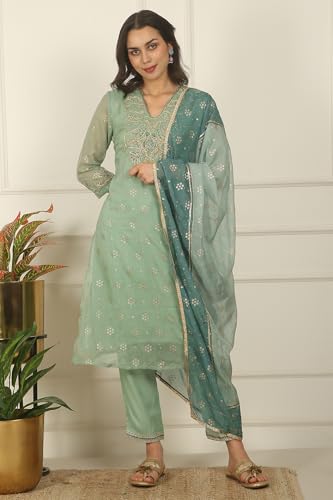 W for Woman Solid Embroidered Straight Organza Suble Green Kurta, Pant and Dupatta Set (Size: 2XL)-24AUWS11709-124502