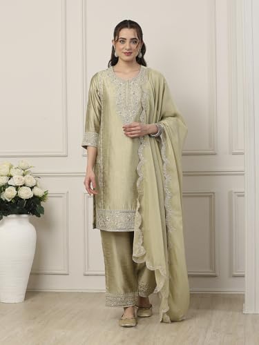 BIBA Women Green Poly Viscose Straight Suit Set_34