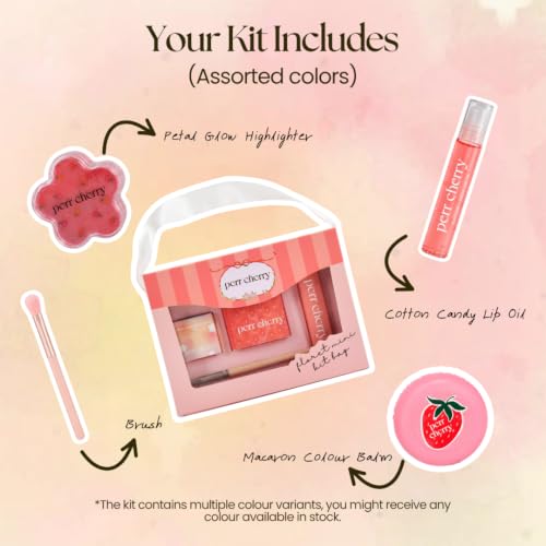 Perr Cherry 4 PCS Organic Makeup Kit for Kids, Preteens & Teen Girls | 100% Natural & Skin Friendly | Includes Eye & Cheek Highlighter, Lip & Cheek Tint, Lip Oil, Brush (Floret Kit, Assorted Colour)
