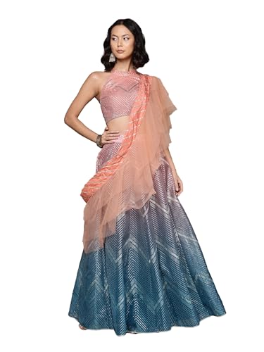 Aarke Ritu Kumar Blue & Pink Gota Festive Lehenga With Blouse And Dupatta