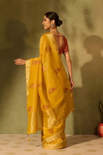 Taneira Yellow Viscose Tissue Embroidered SareeWith Unstitched Blouse(SAPP18AE0730-Yellow)